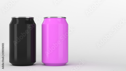 Two small black and purple aluminum soda cans mockup on white background