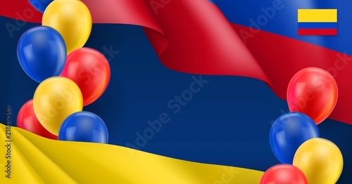Colombian patriotic banner with space for text. Realistic waving colombian flag and colorful balloons decoration on blue background. Independence, freedom, democracy and patriotism vector illustration