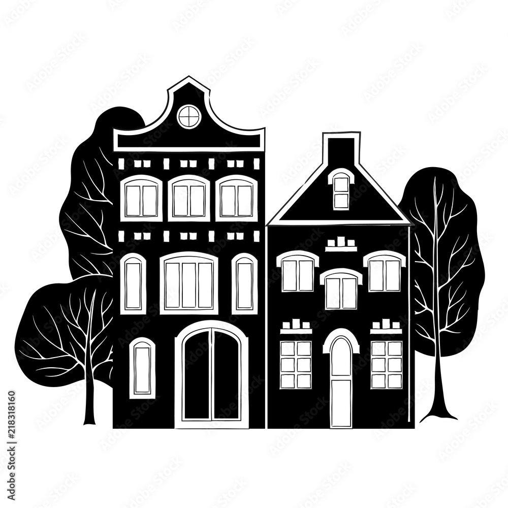 vector contour black white old traditional historical house town city silhouette tree garden on white vector contour black white old traditional historical house town city silhouette tree garden on white