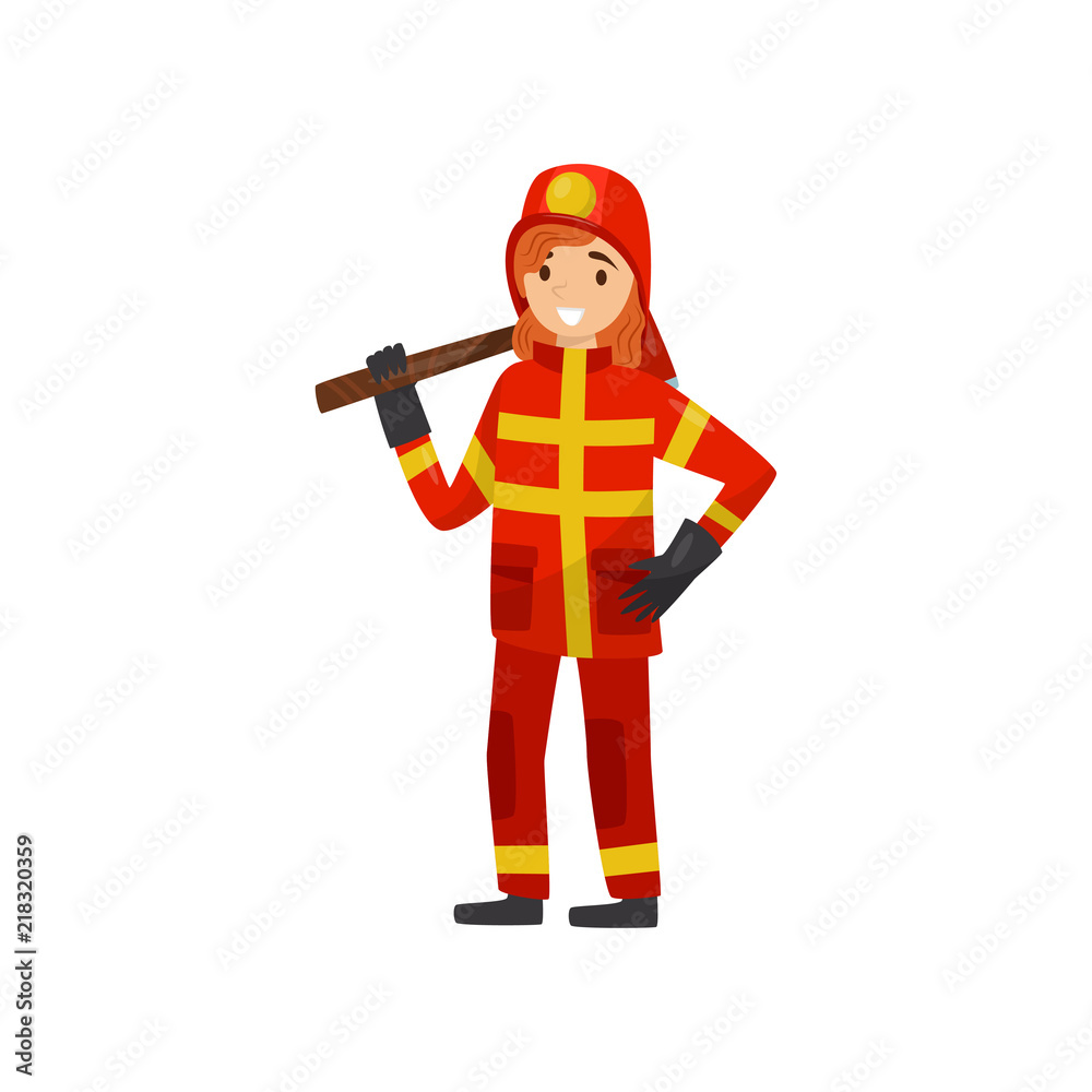 Fireman in uniform with axe, firefighter character at work vector Illustration on a white background
