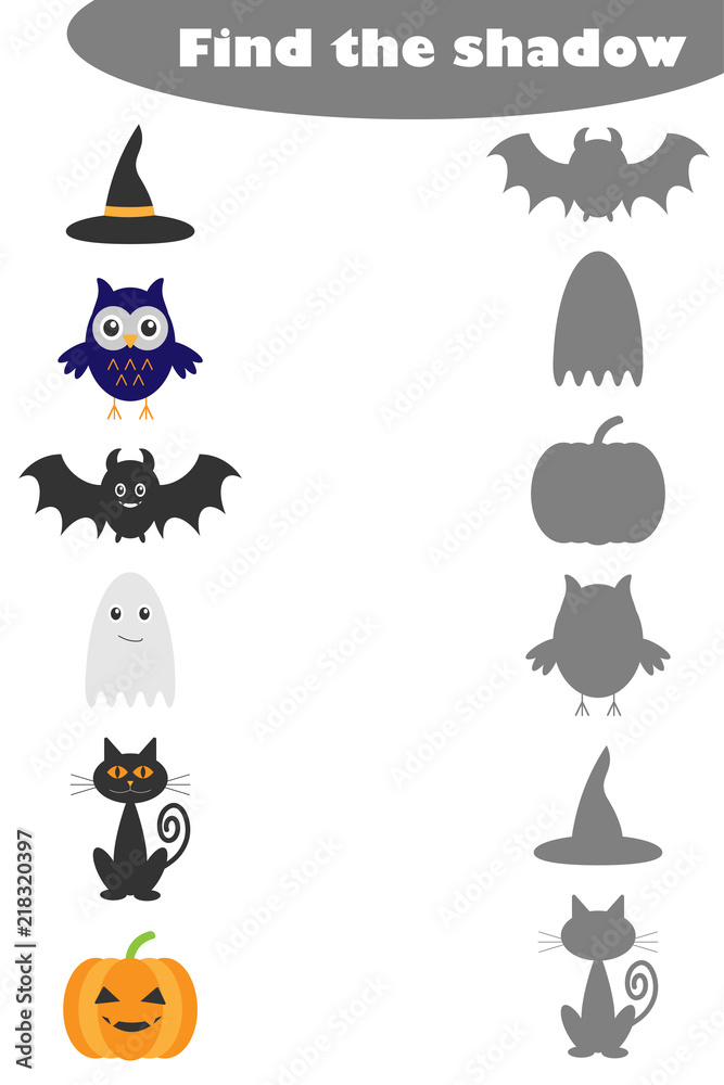 Find the shadow game with halloween pictures for children, education matching game for kids, preschool worksheet activity, task for the development of logical thinking, vector illustration Find the shadow game with halloween pictures for children, education matching game for kids, preschool worksheet activity, task for the development of logical thinking, vector illustration