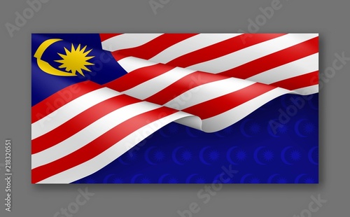 Malaysian patriotic festive background with national colors. Realistic waving malaysian flag on blue background. Malaysia republic day vector card with empty space. Independence and freedom concept