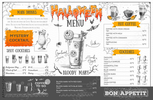 Vintage halloween menu design. Restaurant menu
