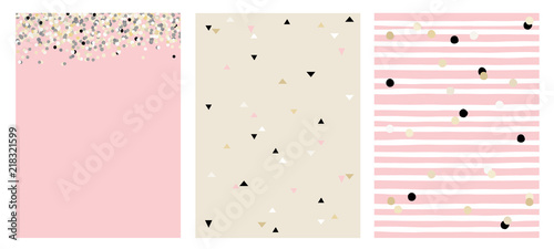 Set of 3 Varius Abstract Vector Layouts. Beige, White and Black Falling Confetti. Pink Background. Triangles Pattern. Beige Background. White Stripes with Beige and Black Dots Pattern.Pink Background photo