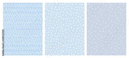 Abstract Hand Drawn Childish Vector Pattern Set. White Waves, Arches and Dots on a Various Blue Backgrounds.