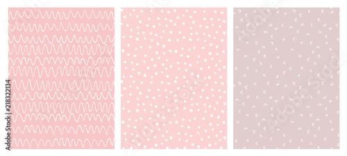 Abstract Hand Drawn Childish Vector Pattern Set. White Waves, Arches and Dots on Various Pink Backgrounds. Modern Geometric Seamless Pattern. Irregular Freehand Print.