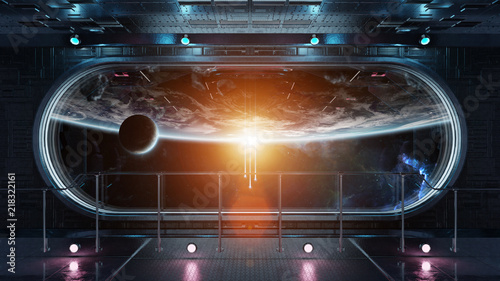 Fototapeta Naklejka Na Ścianę i Meble -  Black tech spaceship round window interior background 3D rendering