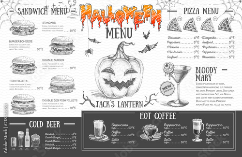 Vintage halloween menu design. Restaurant menu