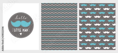 Hello Little Man Vector Illustration Set. Blue Moustache and White Hand Written Text Placed in a Grey Circle on a White Background. White and Blue Chevron Pattern. White and Blue Moustaches Pattern. 