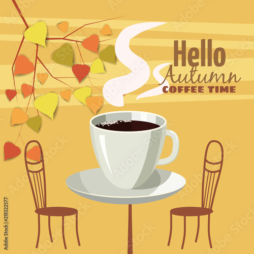 Street outdoor cafe in the old town, coffee table with cups, chairs, autumn leaves, mood of fall, romance, vector, illustration, card, isolated