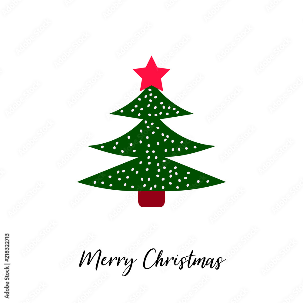 Christmas tree with snow and star isolated on white. Merry Christmas calligraphic text. Christmas tree with snow and star isolated on white. Merry Christmas calligraphic text.