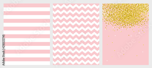 Set of 3 Vector Patterns. White Stripes and Chevron on a Pink Background. Small Golden Confetti on a Pink Background. Cute Simple Graphics. 