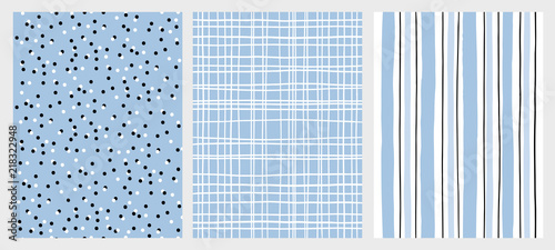 Hand Drawn Childish Style Vector Pattern Set. Blue and Black Vertical Stripe on a White Background. White Grid On a Blue Backround. White and Black Dots on a Blue Background. Cute Simple Design.