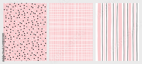 Hand Drawn Childish Style Seamless Vector Patterns. Pink and Black Vertical Stripe on a White Background. White Grid On a Pink Background. White and Black Dots on a Pink Background. Geometric Prints.