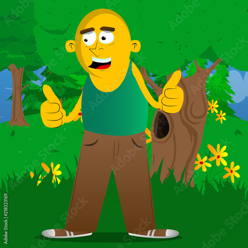 Yellow man making thumbs up sign with two hands. Vector cartoon illustration.