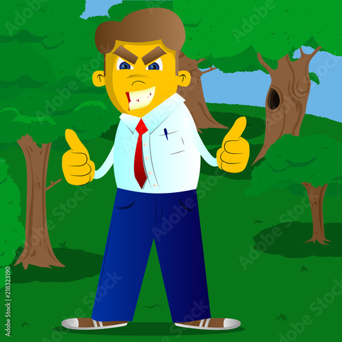 Yellow man making thumbs up sign with two hands. Vector cartoon illustration.