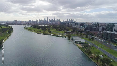 4K Aerial drone footage of Albert Park lake and Melbourne CBD photo