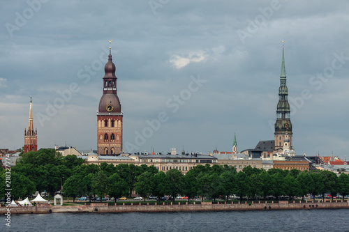View of the spiers of the cathedrals of the old city of Riga, from the Daugava river