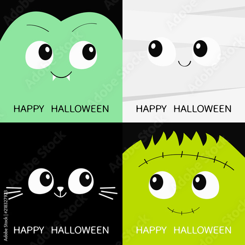Happy Halloween. Vampire count Dracula, Mummy, black cat, zombie square face head icon set. Cute cartoon funny spooky baby character. Greeting card. Flat design White background.