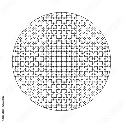 White puzzles pieces arranged in a circle shape. Jigsaw Puzzle template ready for print. Cutting guidelines isolated on white