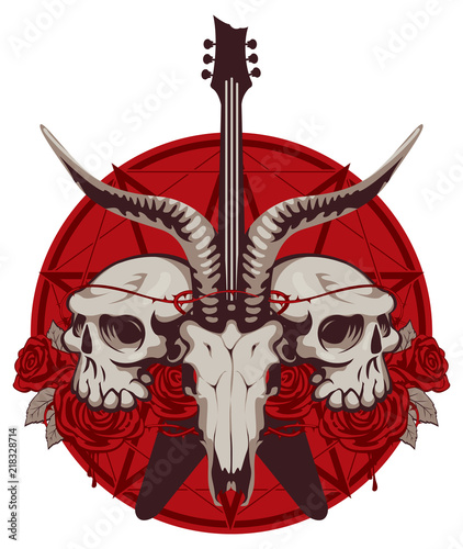 Vector illustration with skulls of a horned animal and human, electric guitar and red roses on the background of the Satan star. Creative illustration for t-shirt design in modern style