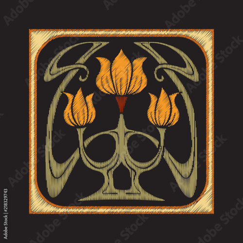 Fototapeta Naklejka Na Ścianę i Meble -  Embroidery with decorative elements in the style of ceramic tile