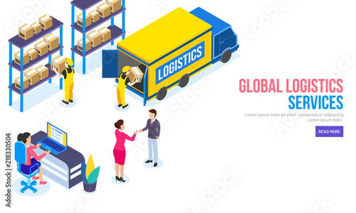 Global Logistics Services concept based landing page design, isometric illustration of two business partner finalise the deal, worker loading cargo boxes in truck.