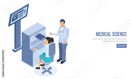 Responsive landing page design with isometric character of doctor doing eye checkup in ophthalmic room for Medical Science.