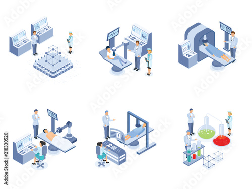 Set of medical science elements in isometric style.