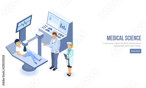 Landing page design for Medical Science, isometric character of doctor and nurse, X- ray machine taking x-ray of patient for healthcare concept.