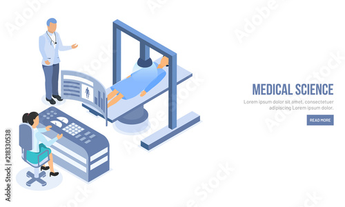 Isometric character of doctor scanning whole body of patient for Medical Science web landing page design.