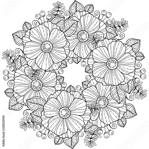 Coloring book for adults. Summer flowers. Round flowers frame.