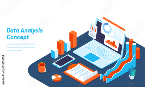 Analyst or developer workplace isometric illustration with laptop, bar and smartphone for data analysis concept.