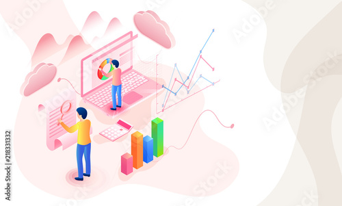 3D isometric illustration of working man with data analysis business equipments for data management concept.