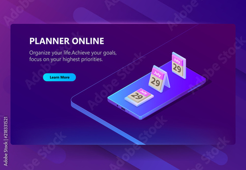 Vector 3d isometric template of site for smartphone s organizer. planner. Online page with app for time control, goal focus. Social service with schedule. Illustration in violet, ultraviolet color.