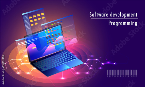 Isometric laptop with multiple screen, store and save folder on shiny purple sci-fi background for Software development programming landing page design.