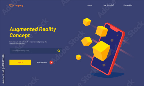 Isometric smartphone with blocks, responsive landing page for Augmented Reality (AR) concept.