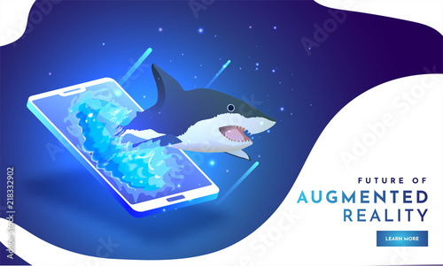 Future of Augmented Reality (AR), isometric illustration of Shark on smartphone screen on shiny blue background. Responsive landing page design.