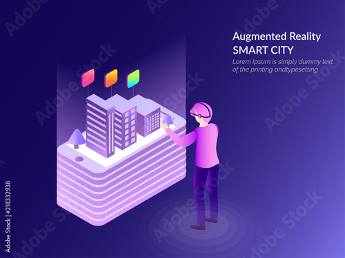 Isometric illustration of smart city on smartphone screen on shiny blue background, Augmented Reality (AR) concept based web template design.