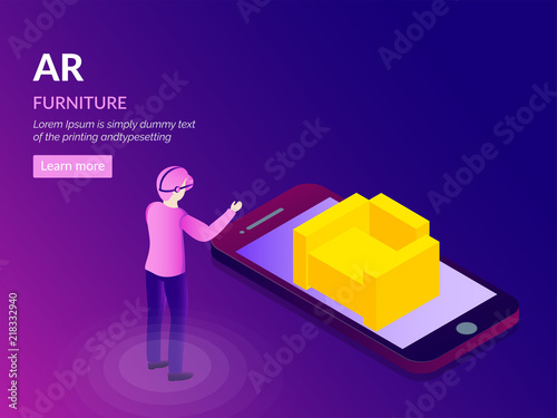 Augmented Reality (AR) Furniture concept with isometric illustration of furniture on smartphone screen and man with wearing VR glasses on blue background.