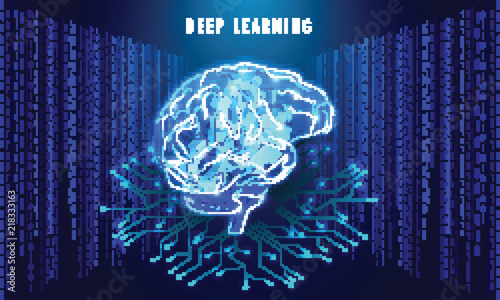 Deep Learning concept based design with isometric illustration of shiny  human brain with cogwheels on matrix or binary coding background.