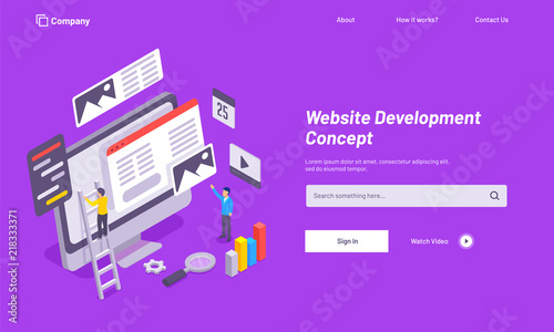 Purple website template design, website under maintenance, analytics analysis the data for Website Development concept.