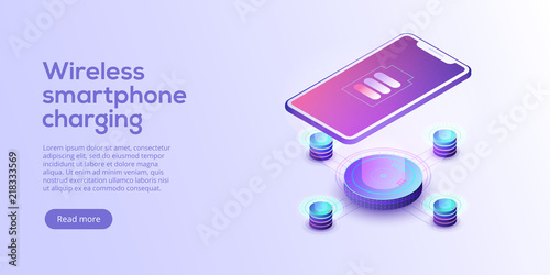 Inductive smartphone charging isometric vector illustration. Abstract 3d mobile wireless charger background. Website header layout for cordless power station device. Phone battery pad gadget concept.