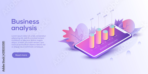 Business analysis isometric vector illustration. Growth dynamics or financial activity concept. Growing graph on smartphone.