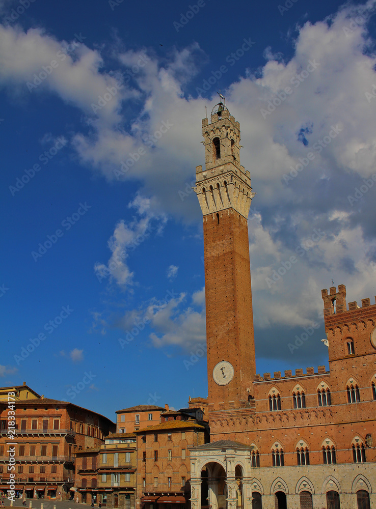 A view of the buildings, Palazzo Pubblico and the tower on Piazza del Campo in Siena, Italy