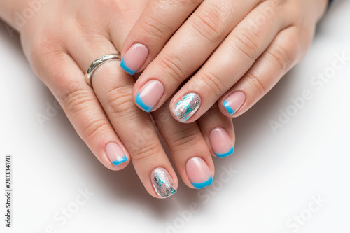 Blue French manicure with a cracked falcon  craquelure on short square nails  
