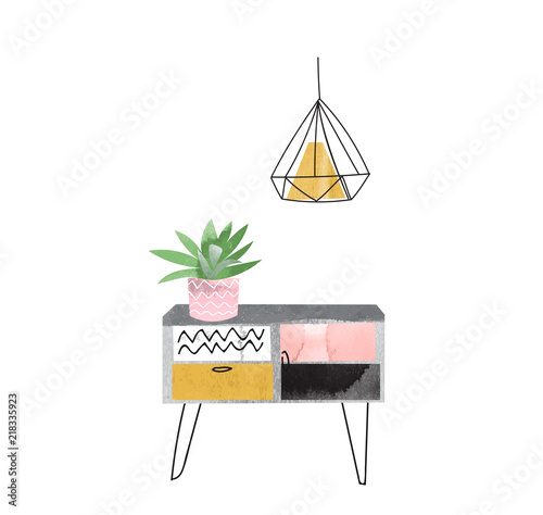 vector interior design hand drawn watercolor illustration. living room furniture sketch.  interior design logo banner