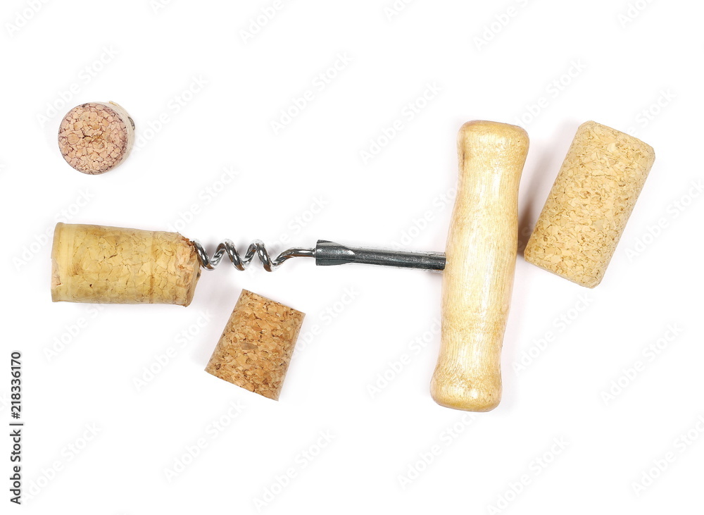 Corkscrew and wine corks isolated on white background, top view