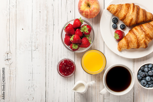 Breakfast with croissants, coffee, jams and berries