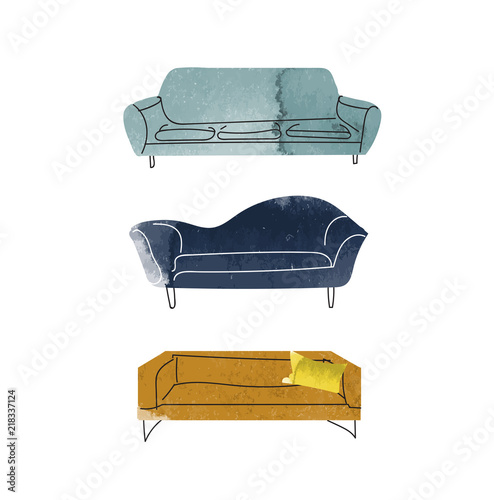 watercolor sofa illustration. vector interior design hand drawn elements. watercolor furniture drawing. 